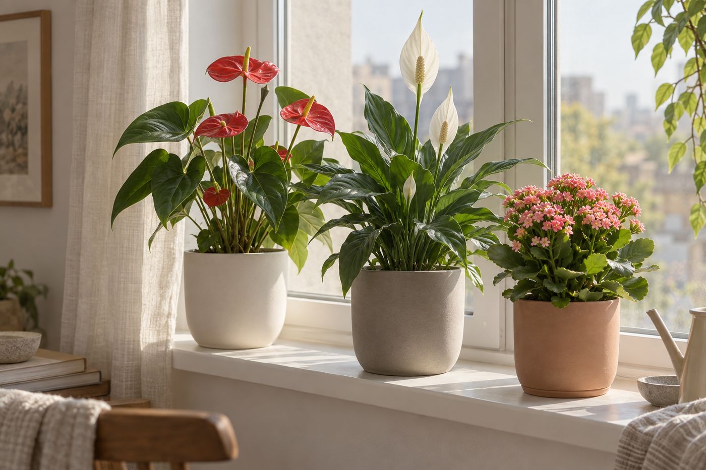 Blooming anthurium, peace lily and kalanchoe on a windowsill