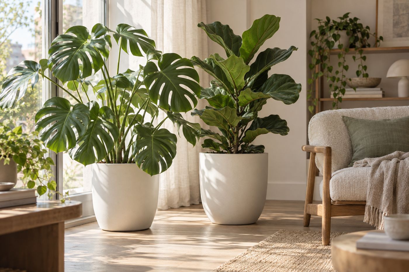 Large monstera and fiddle-leaf fig on a living room floor