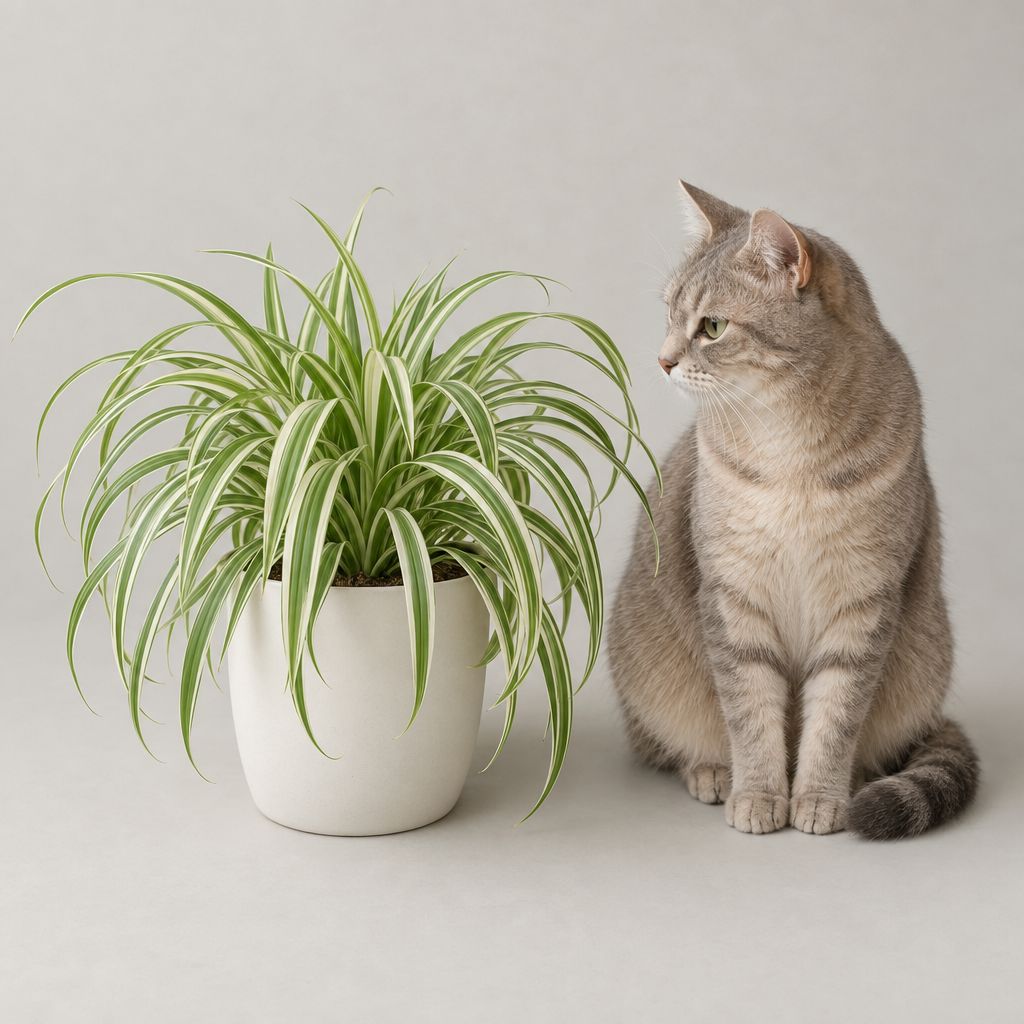 Spider plant in a white pot with a cat sitting beside it