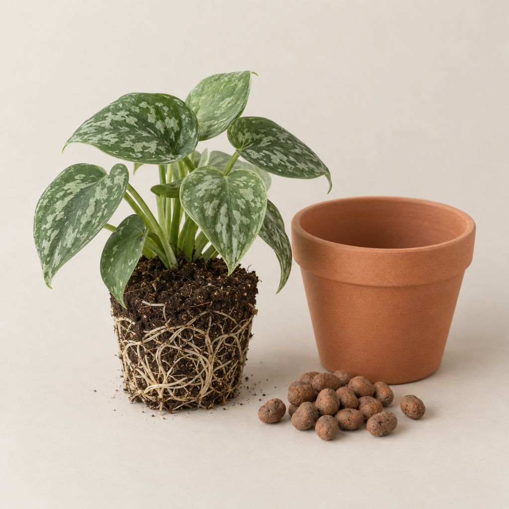 Young plant with its root ball next to a larger terracotta pot