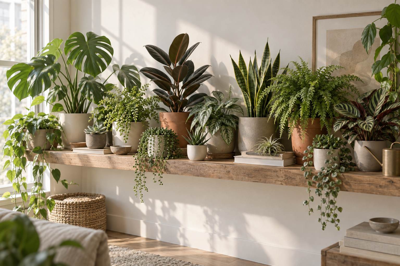 Many different houseplants on a long shelf by a window