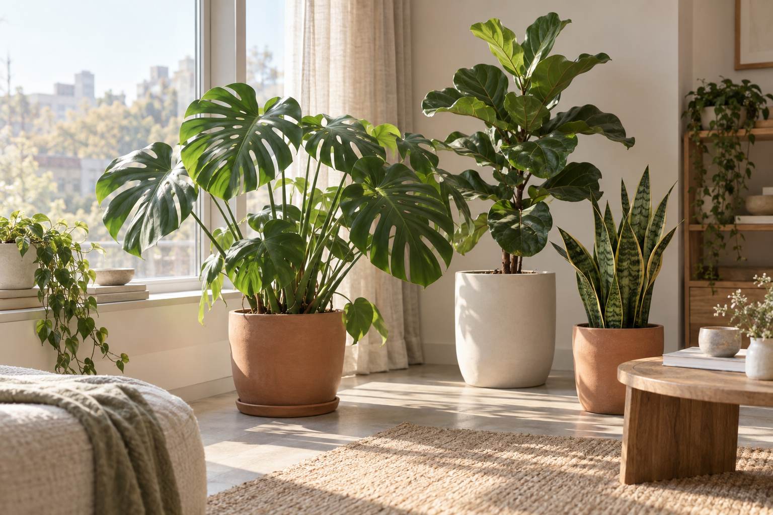 Monstera and fiddle-leaf fig in light pots by a window