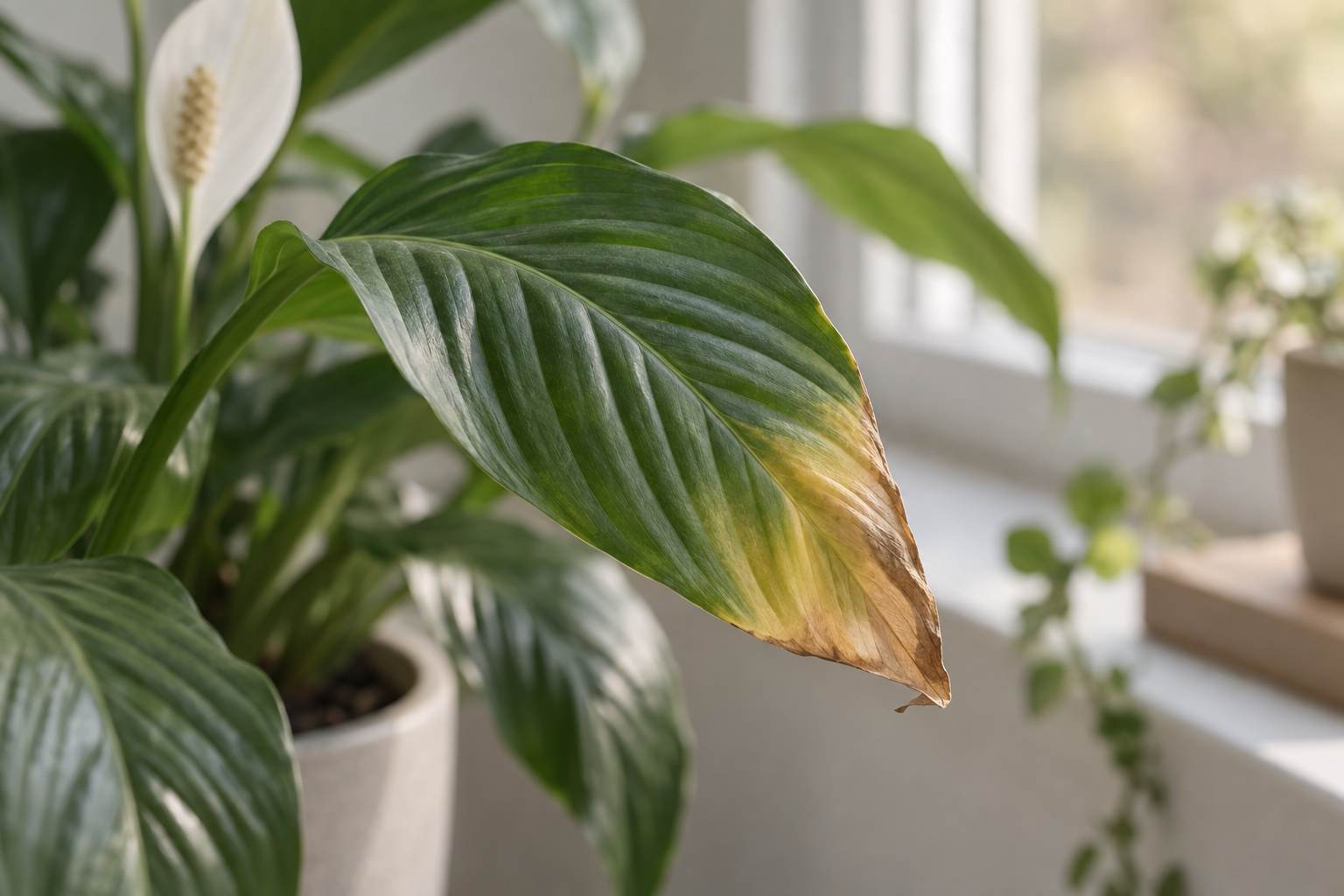 Close-up of a houseplant leaf with a yellowing edge