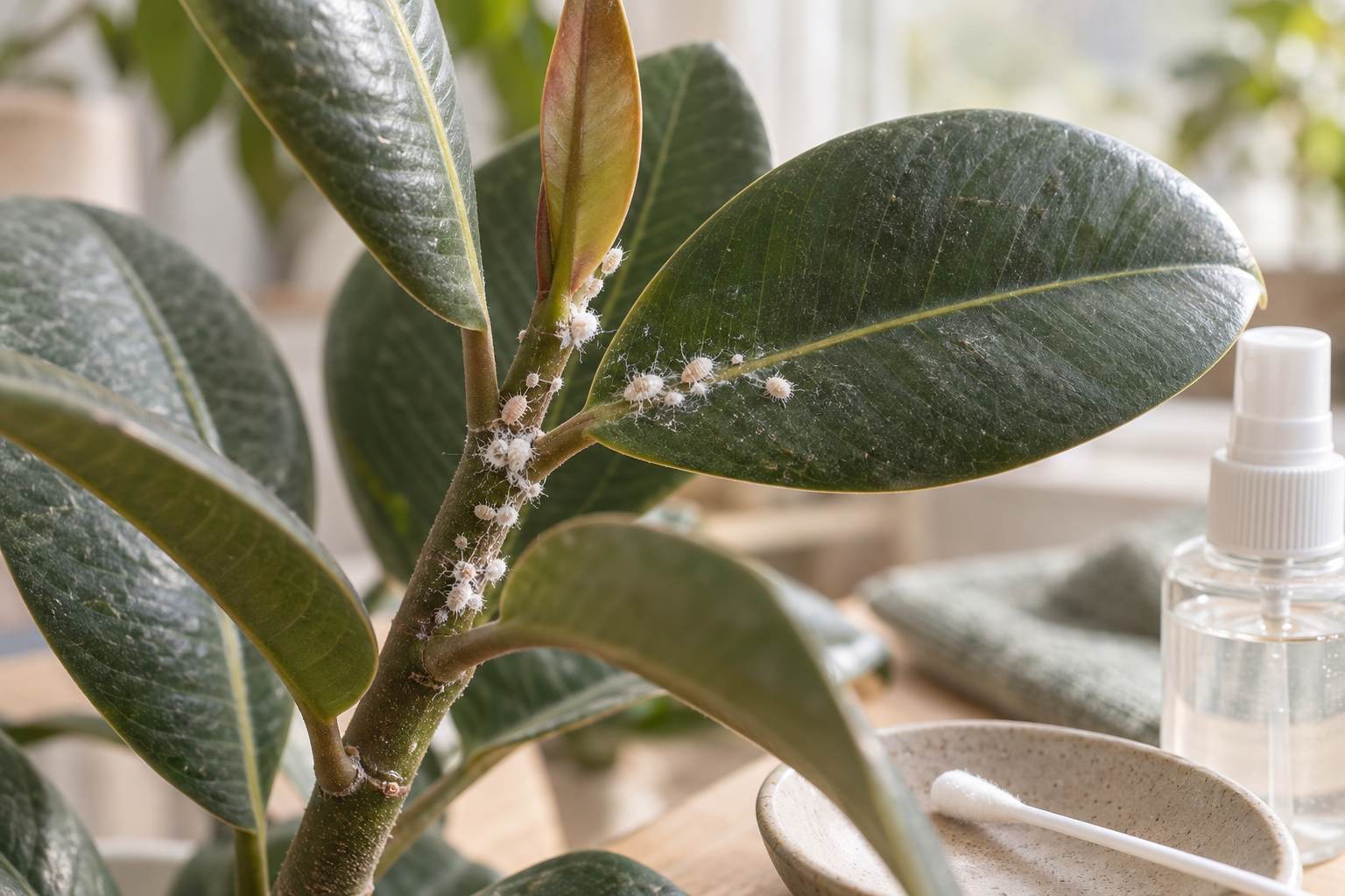 Leaf with white cottony mealybugs and a cotton swab