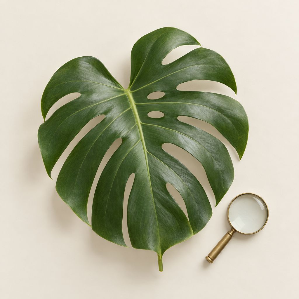 Monstera leaf and a brass magnifier