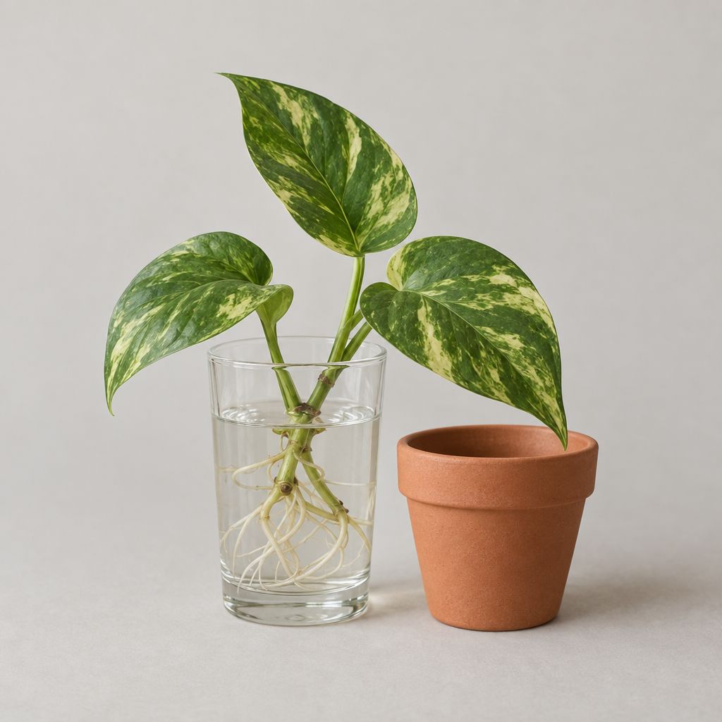 Pothos cutting rooting in a glass of water