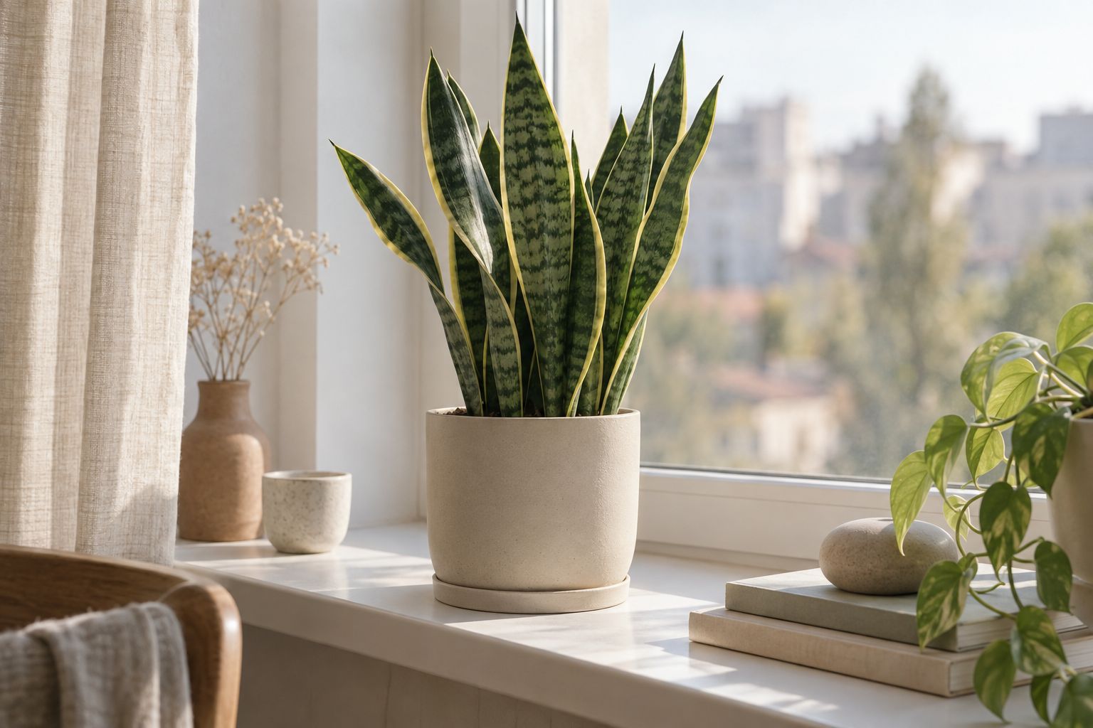 Tall snake plant with yellow-edged leaves in a concrete pot on the floor by a wall