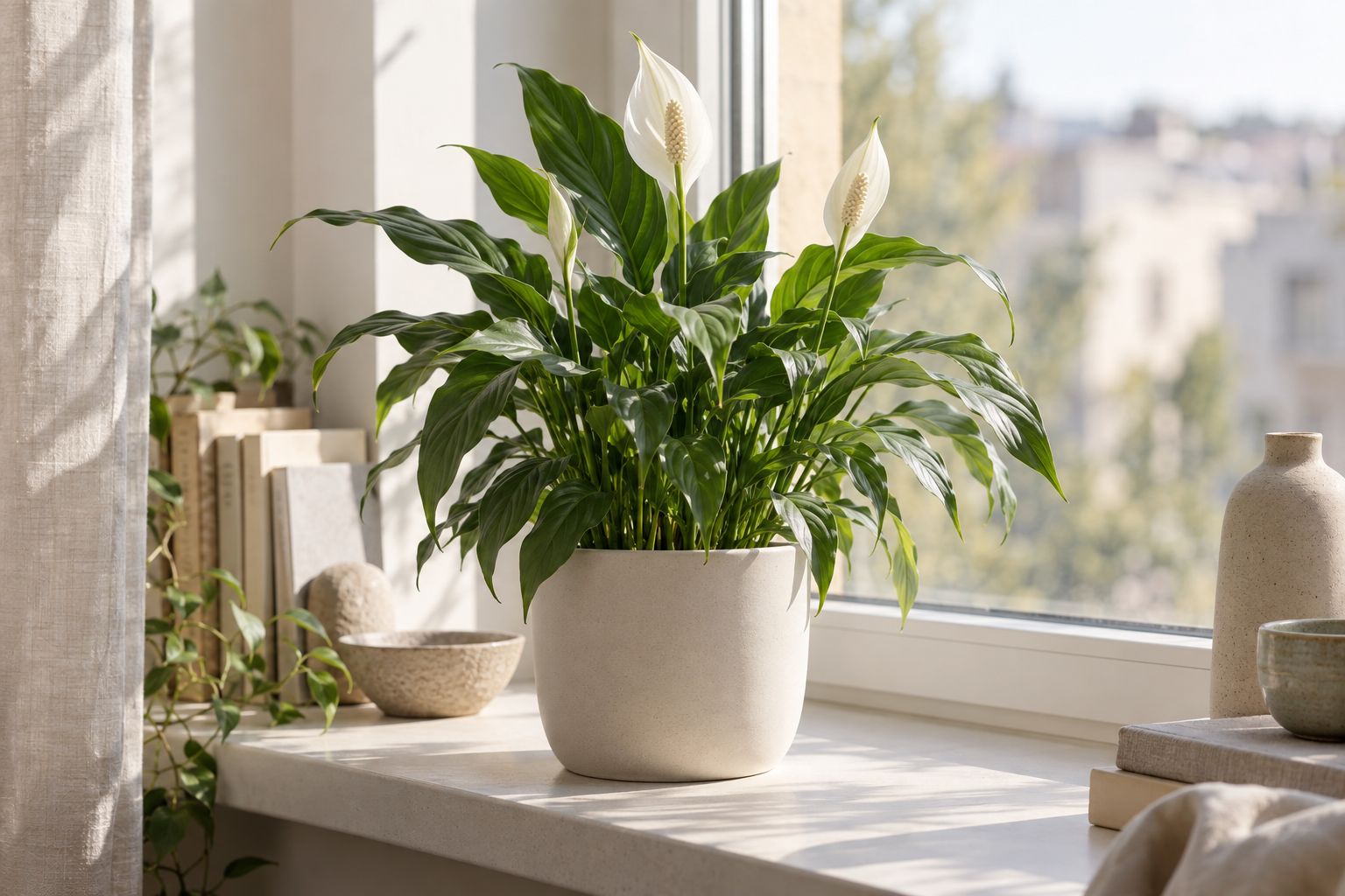 Flowering peace lily with white spathes in a gray pot on a table by a window