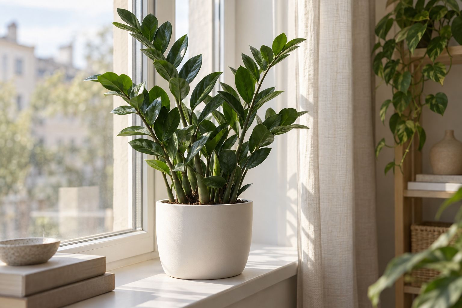 ZZ plant with glossy dark green leaves in a white pot